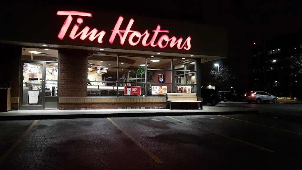 Tim Hortons storefront and interior at 6767 Airport Rd, Mississauga, ON
