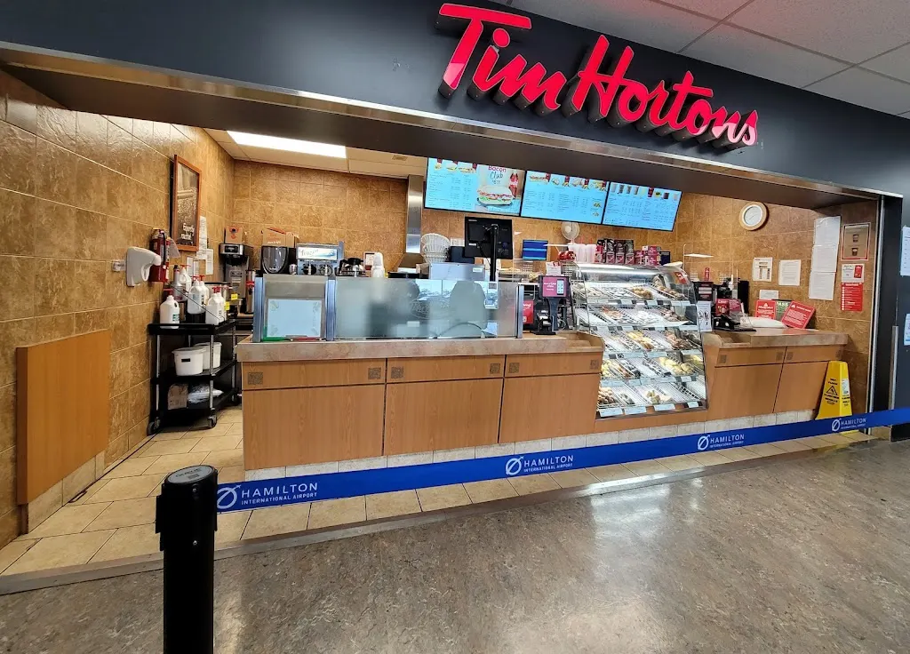 Tim Hortons storefront and interior at 9300 Airport Rd, Mount Hope, ON