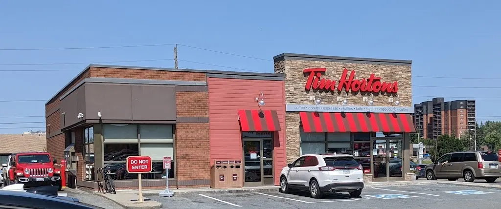 Tim Hortons storefront and interior at 855 Mullock Dr, Newmarket, ON