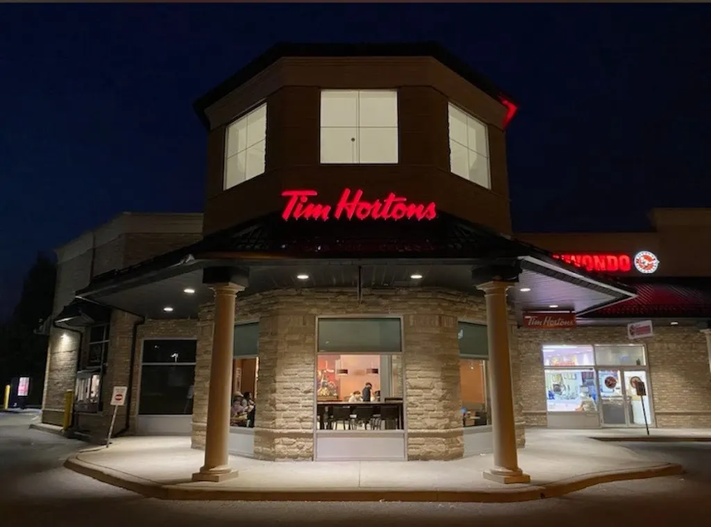 Tim Hortons storefront and interior at 7-7107 Kalar Rd, Niagara Falls, ON