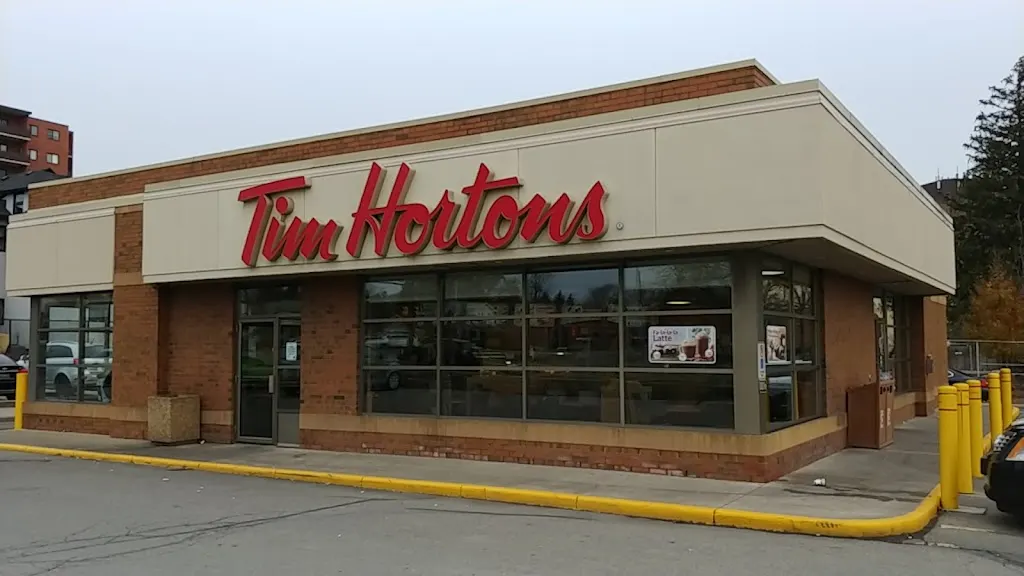 Tim Hortons storefront and interior at 6161 Thorold Stone Road, Niagara Falls, ON