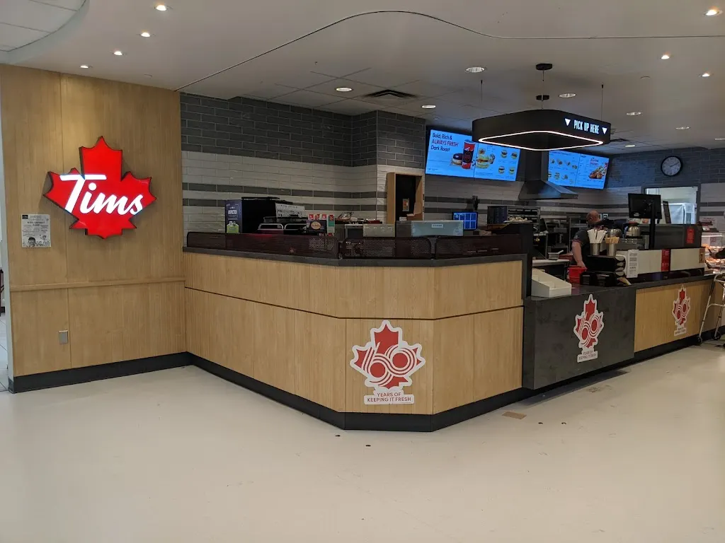 Tim Hortons storefront and interior at Greater Niagara General Hospital, Niagara Falls, ON