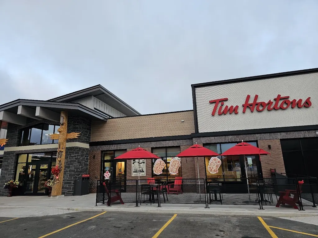 Tim Hortons storefront and interior at 37 Beaucage Park Road, North Bay, ON