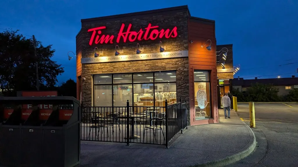 Tim Hortons storefront and interior at 114 Drury St, North Bay, ON
