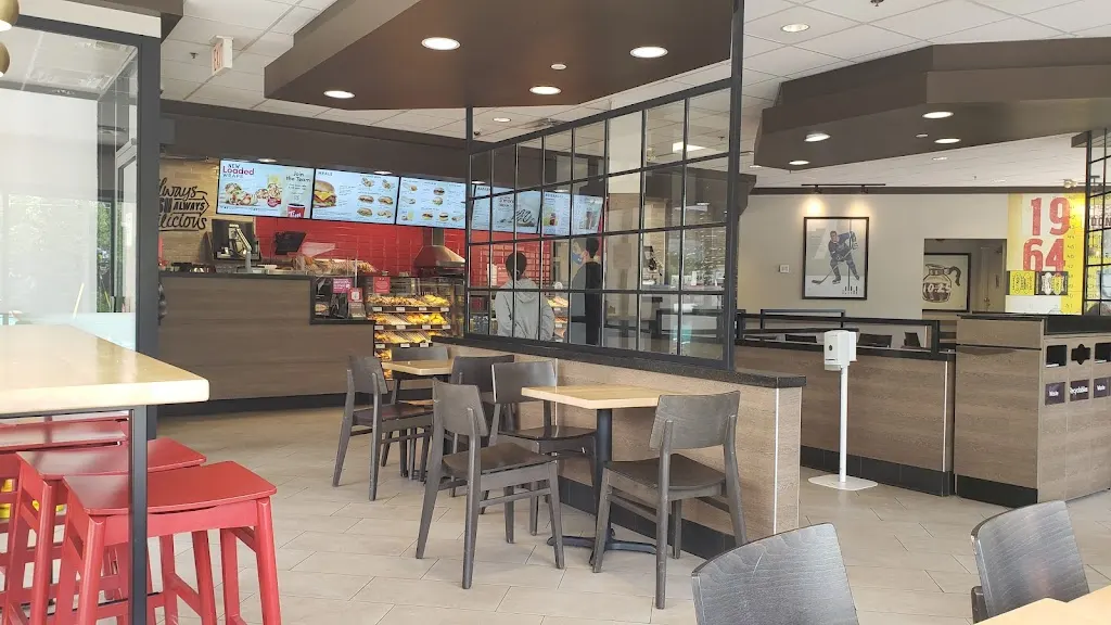 Tim Hortons storefront and interior at 500 Trethewey Dr, North York, ON
