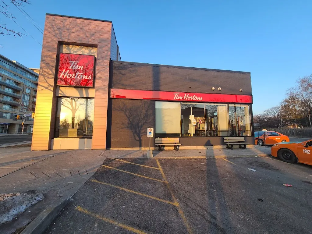 Tim Hortons storefront and interior at 680 Sheppard Ave West, North York, ON