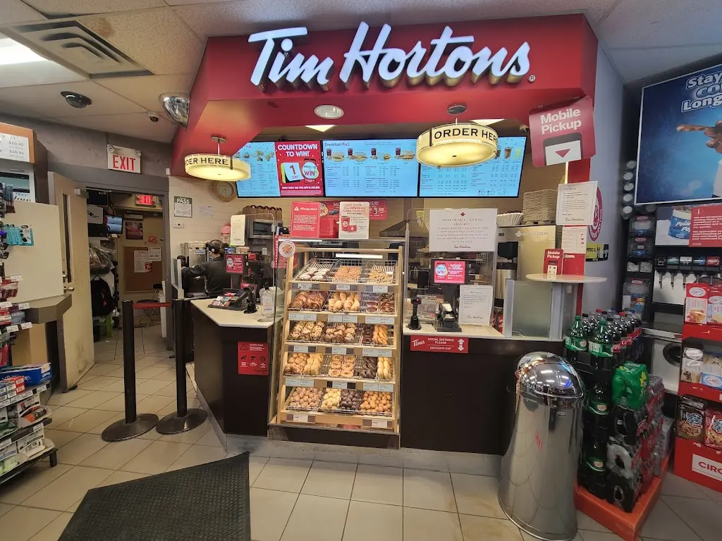 Tim Hortons storefront and interior at 1840 Bayview Ave, North York, ON