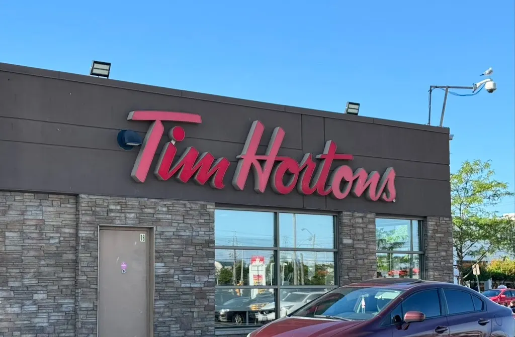 Tim Hortons storefront and interior at 3981 Jane St, North York, ON