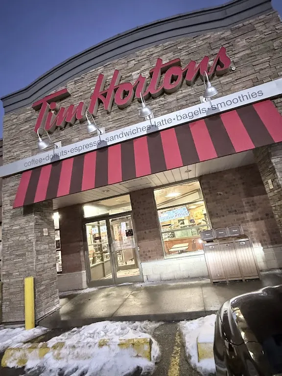 Tim Hortons storefront and interior at 5955 Leslie St, North York, ON