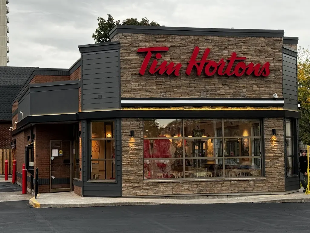 Tim Hortons storefront and interior at 49 Lakeshore Rd, Oakville, ON