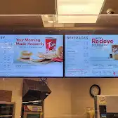 Tim Hortons storefront and interior at 46 Broadway, Orangeville, ON