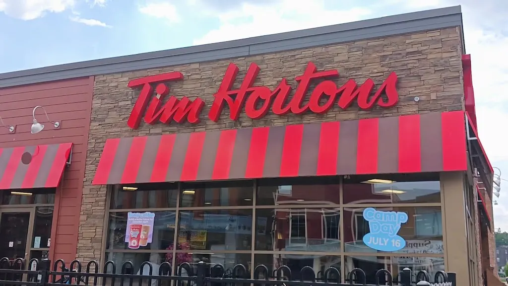 Tim Hortons storefront and interior at 155 9th St E, Owen Sound, ON