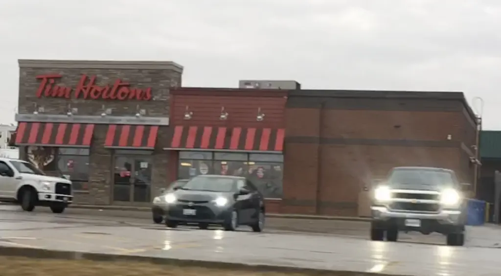 Tim Hortons storefront and interior at 1595 16th St East, Owen Sound, ON
