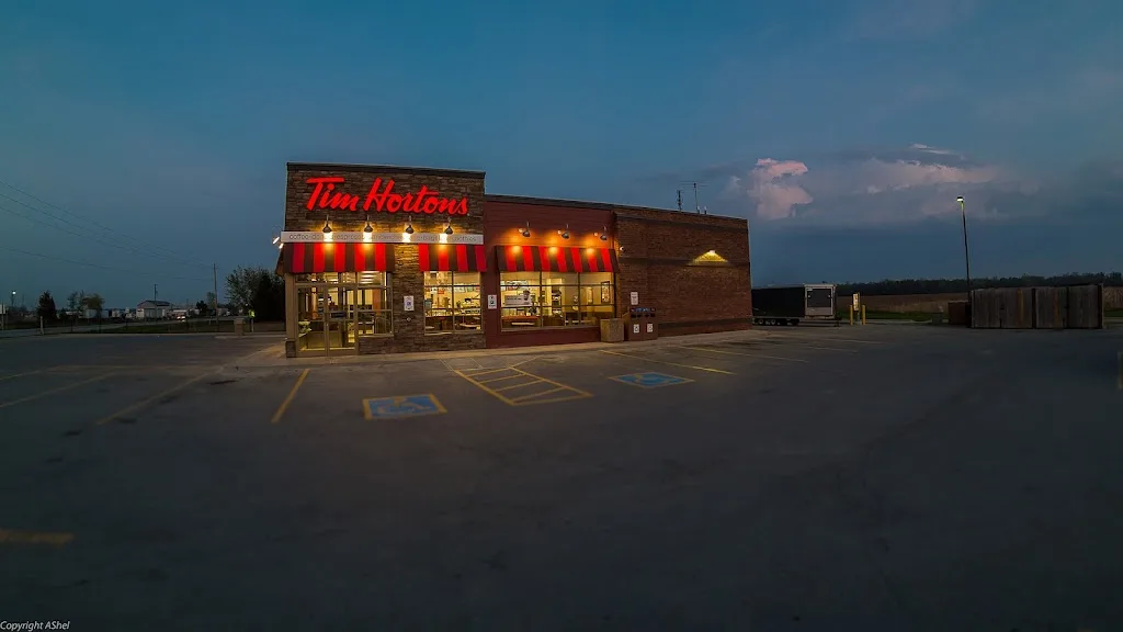 Tim Hortons storefront and interior at 2227 Elginfield Rd, Parkhill, ON