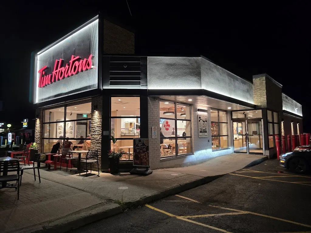 Tim Hortons storefront and interior at 113 Bowes St, Parry Sound, ON
