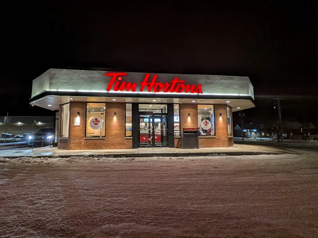 Tim Hortons storefront and interior at 132 Main St, Penetanguishene, ON