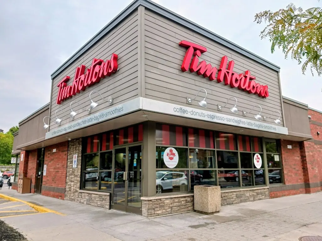Tim Hortons storefront and interior at 81 Hunter St East, Peterborough, ON