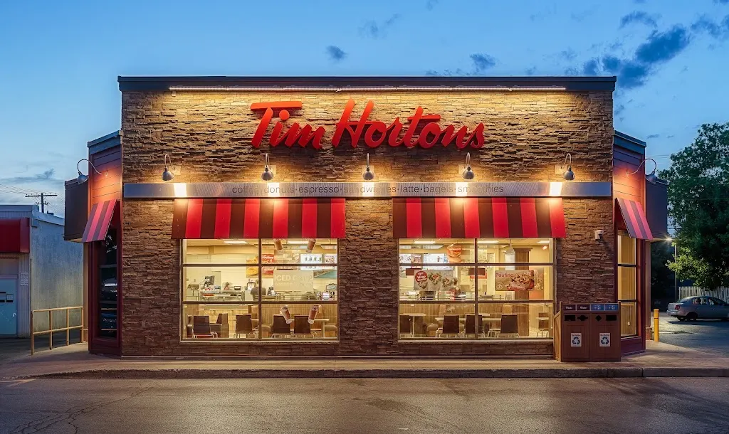 Tim Hortons storefront and interior at 123 Main St, Picton, ON
