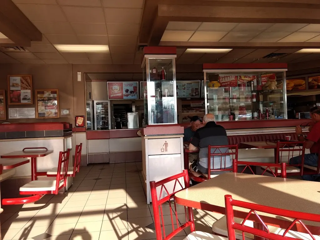 Tim Hortons storefront and interior at 287 Westside Rd, Port Colborne, ON