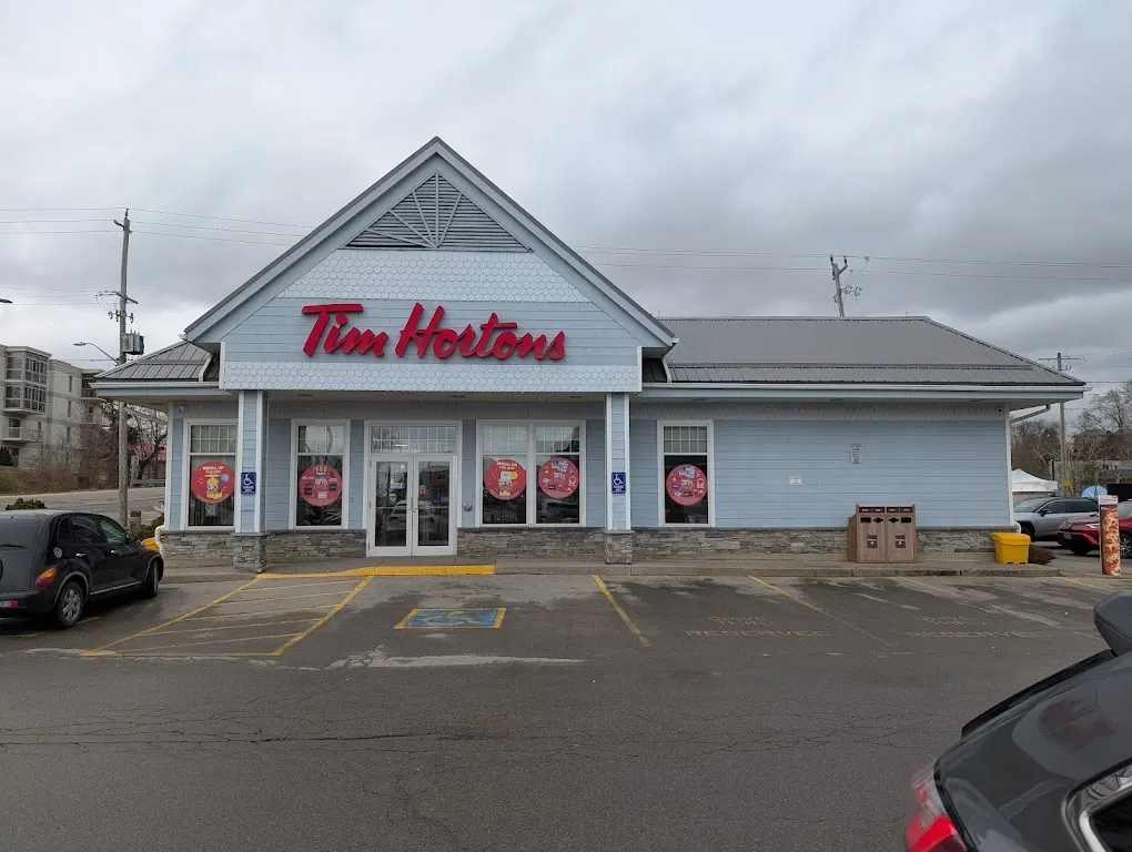 Tim Hortons storefront and interior at 1st Andrew Street, Port Dover, ON