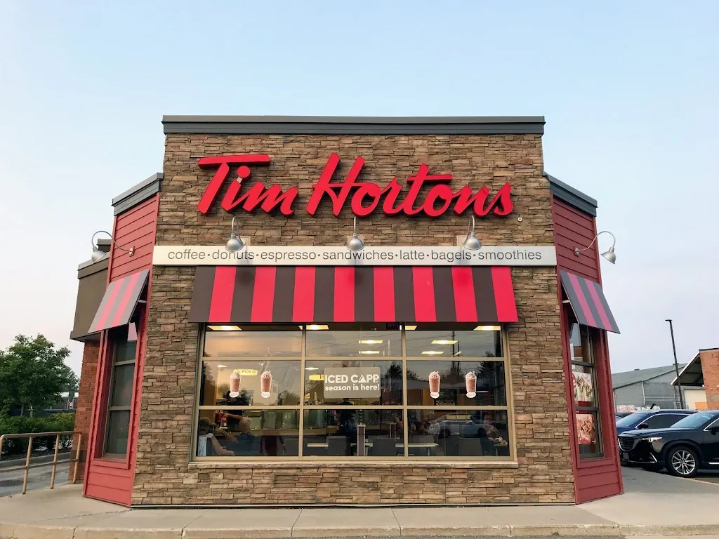 Tim Hortons storefront and interior at 159 Peter St, Port Hope, ON