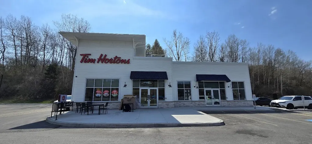 Tim Hortons storefront and interior at 4980 Sunset Drive, Port Stanley, ON