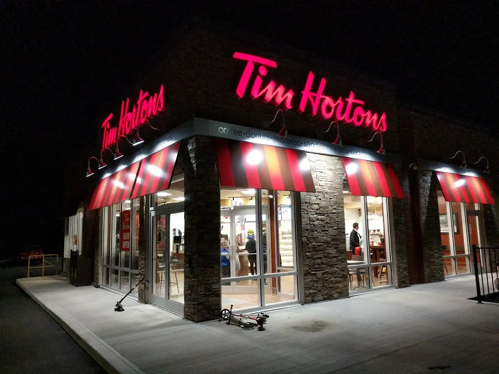 Tim Hortons storefront and interior at 1 Nicholas Beaver Rd, Puslinch, ON