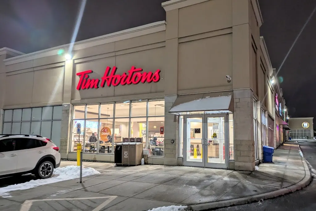 Tim Hortons storefront and interior at 10 Vogell Rd, Richmond Hill, ON