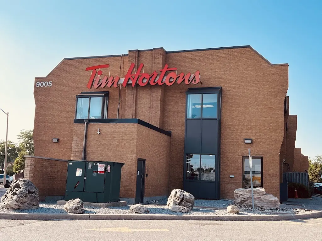 Tim Hortons storefront and interior at 9005 Leslie St, Richmond Hill, ON
