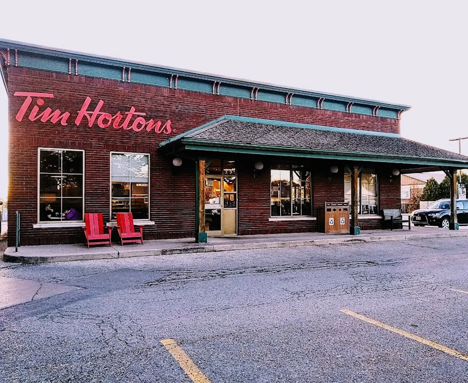 Tim Hortons storefront and interior at 1229 King St North, Saint Jacobs, ON