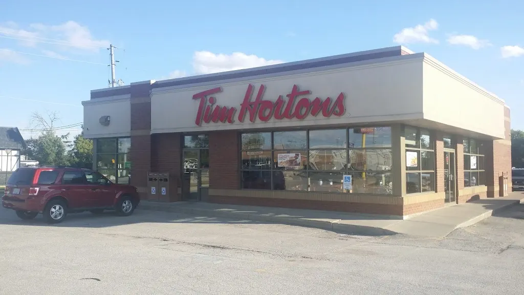 Tim Hortons storefront and interior at 1707 London Line, Sarnia, ON