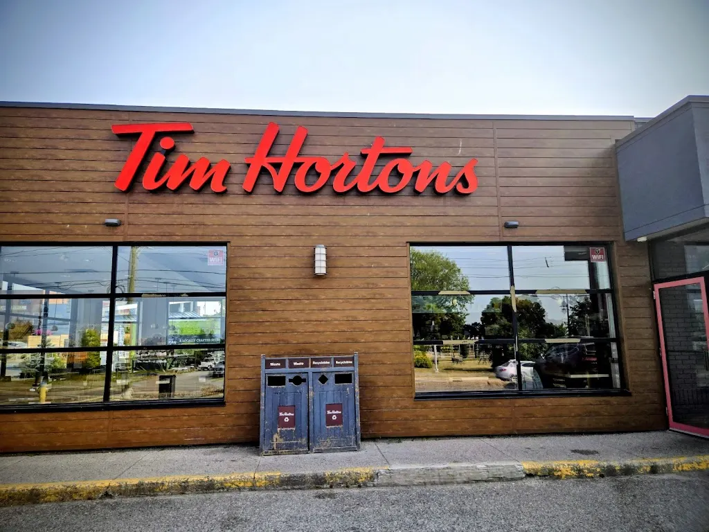 Tim Hortons storefront and interior at 542 Bay St, Sault Ste Marie, ON