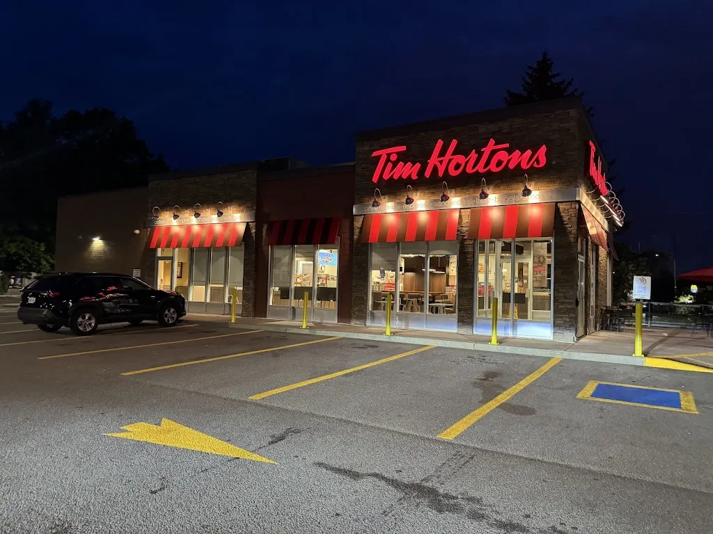 Tim Hortons storefront and interior at 699 Trunk Road, Sault Ste. Marie, ON