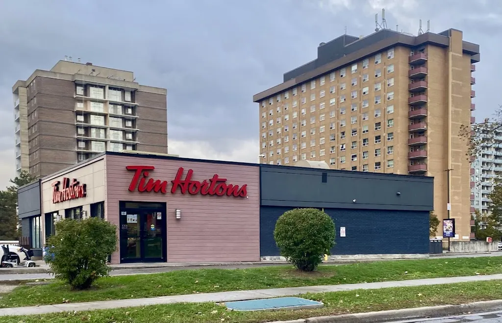 Tim Hortons storefront and interior at 60 Tuxedo Court, Scarborough, ON
