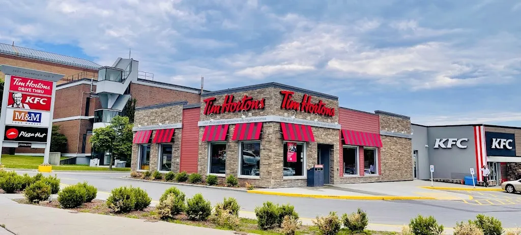 Tim Hortons storefront and interior at 3353 Lawrence Ave E, Scarborough, ON