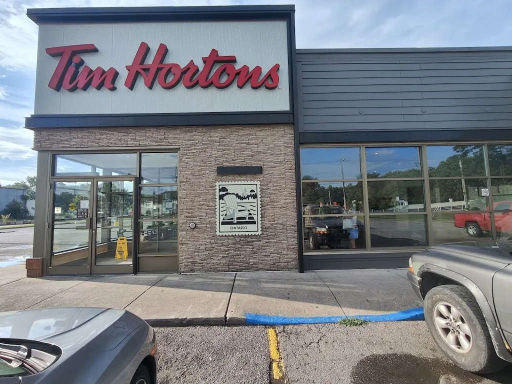 Tim Hortons storefront and interior at 15 Queensway E, Simcoe, ON