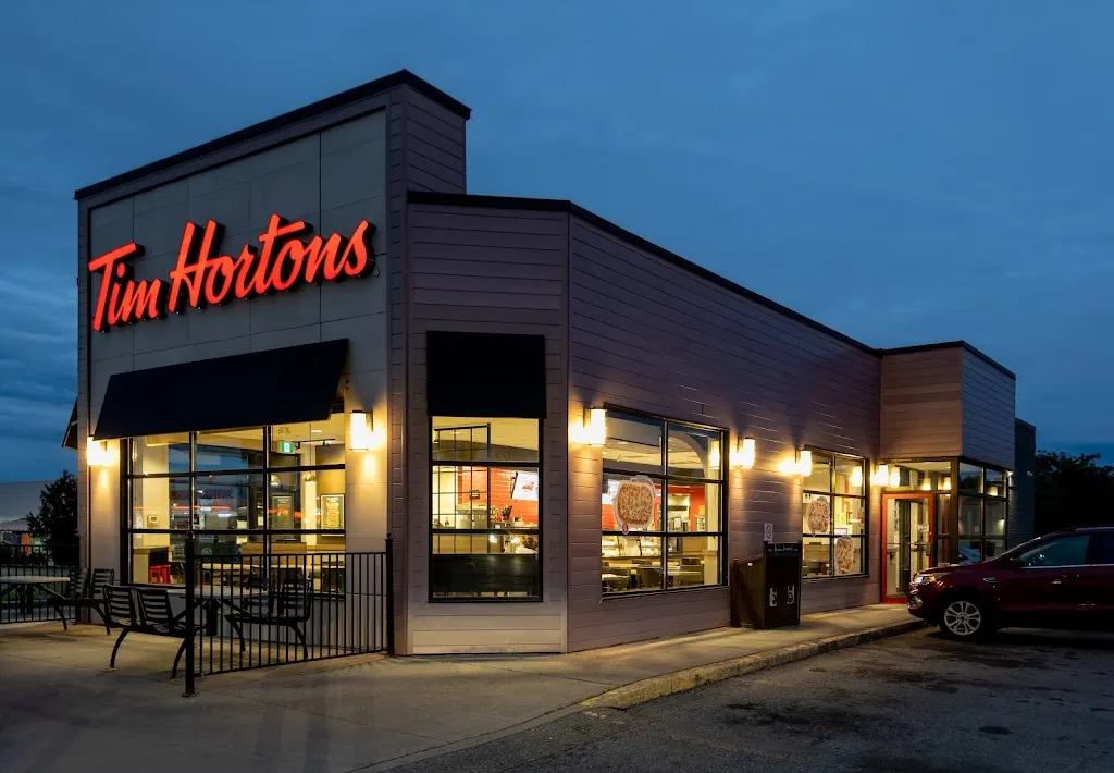 Tim Hortons storefront and interior at 111 Lombard Street, Smiths Falls, ON