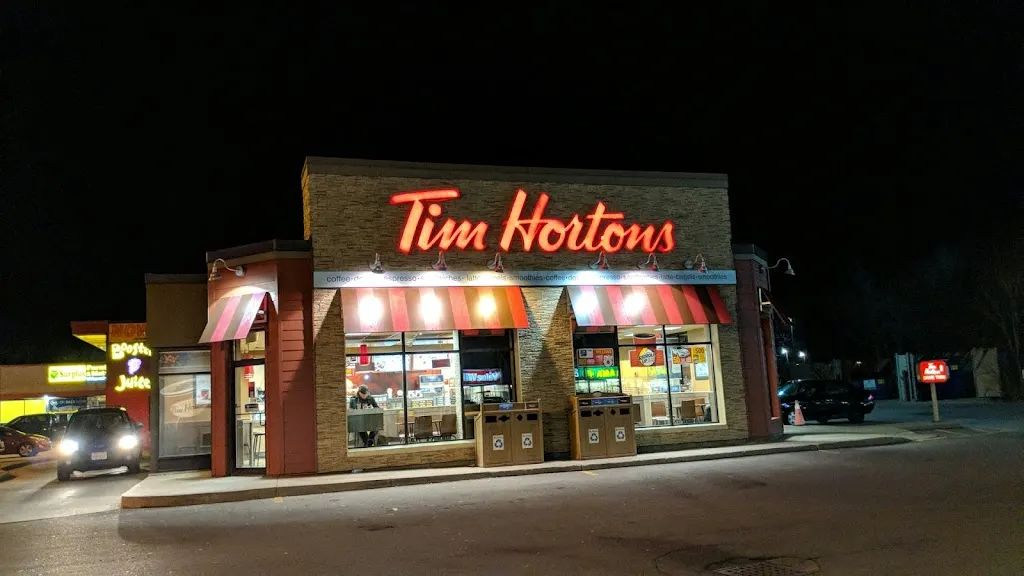 Tim Hortons storefront and interior at 333 Ontario St, St Catharines, ON