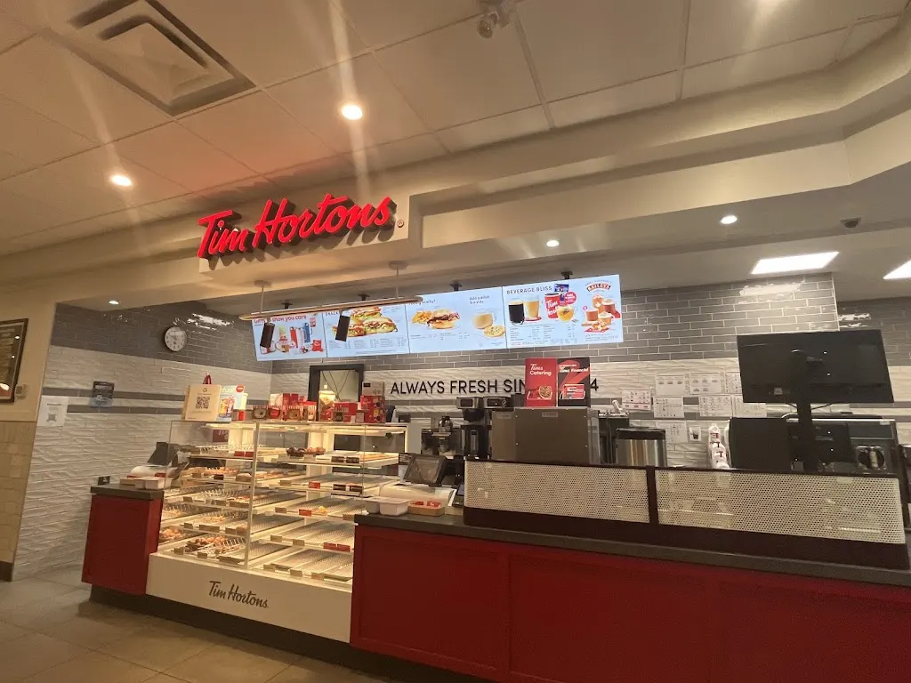 Tim Hortons storefront and interior at 525 Welland Ave, St Catharines, ON