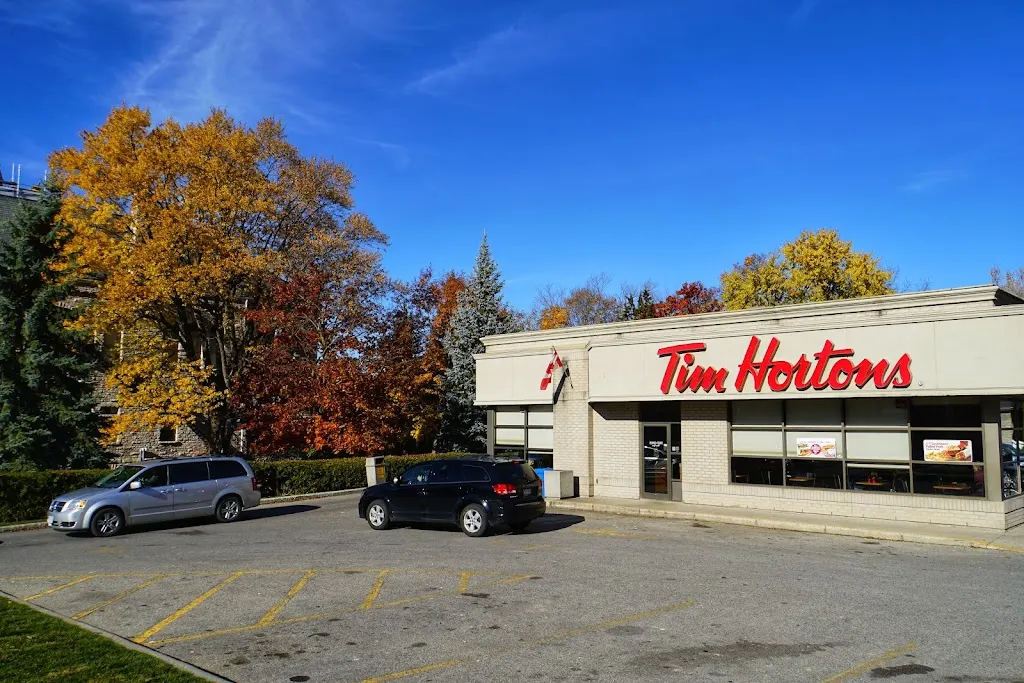 Tim Hortons storefront and interior at 201 Queen St, St Marys, ON
