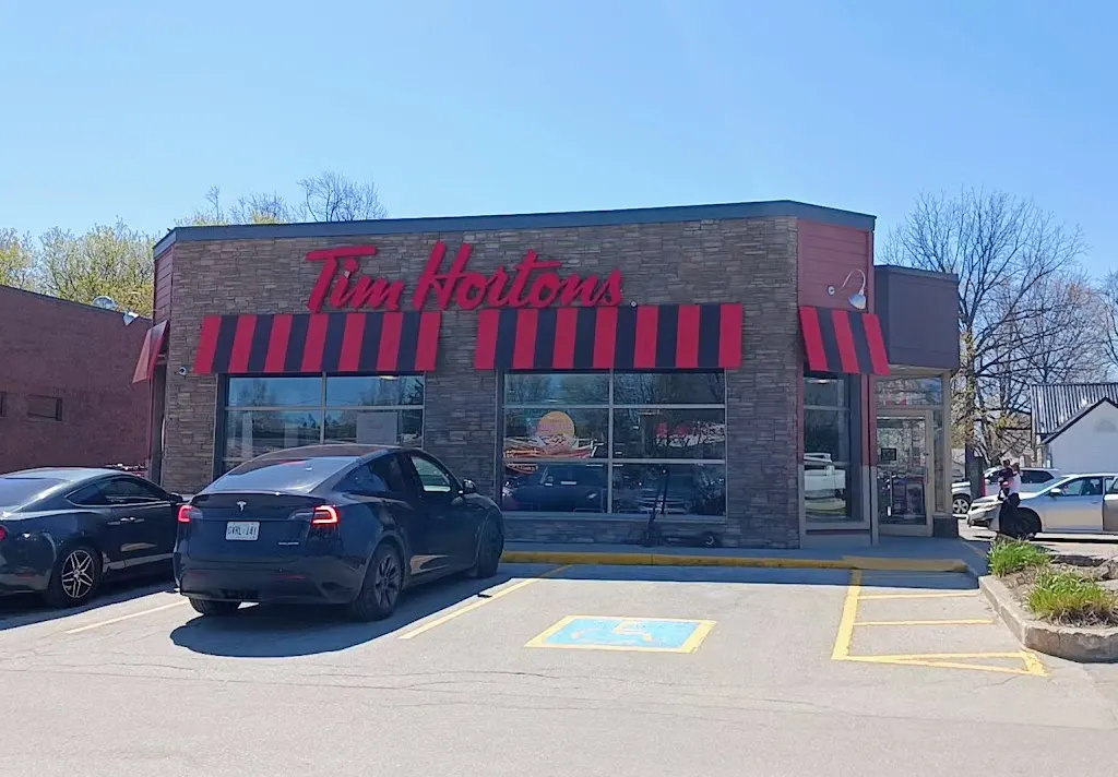 Tim Hortons storefront and interior at 7377 Hwy 26, Stayner, ON