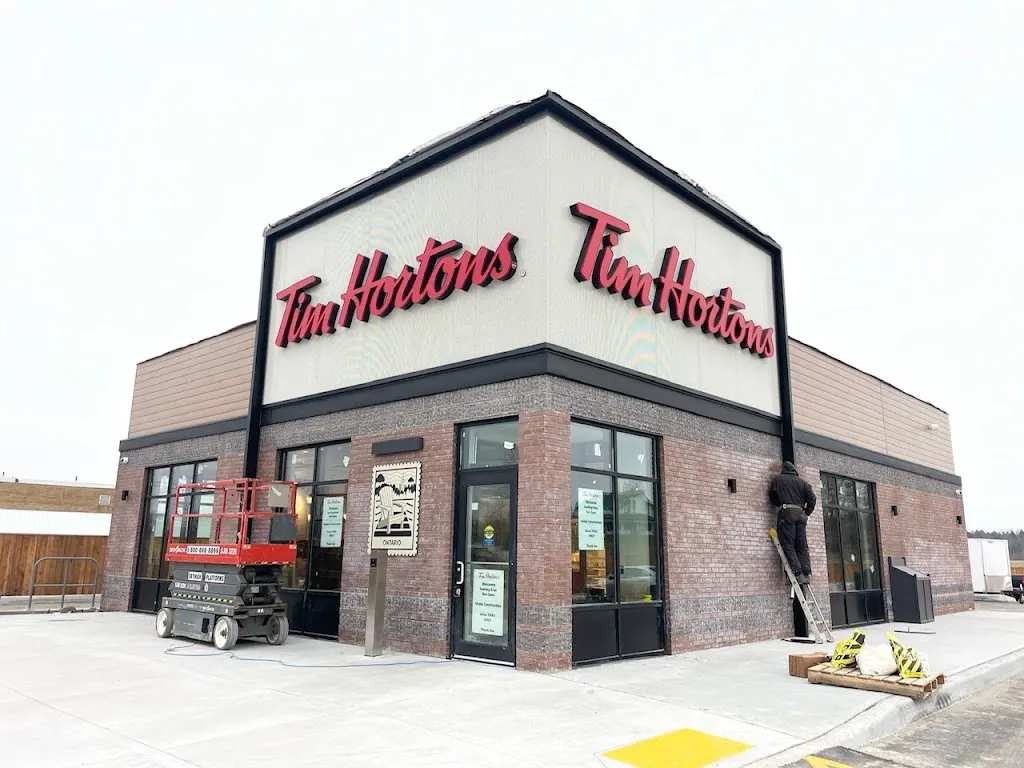 Tim Hortons storefront and interior at 89 Belleville Road, Stirling, ON