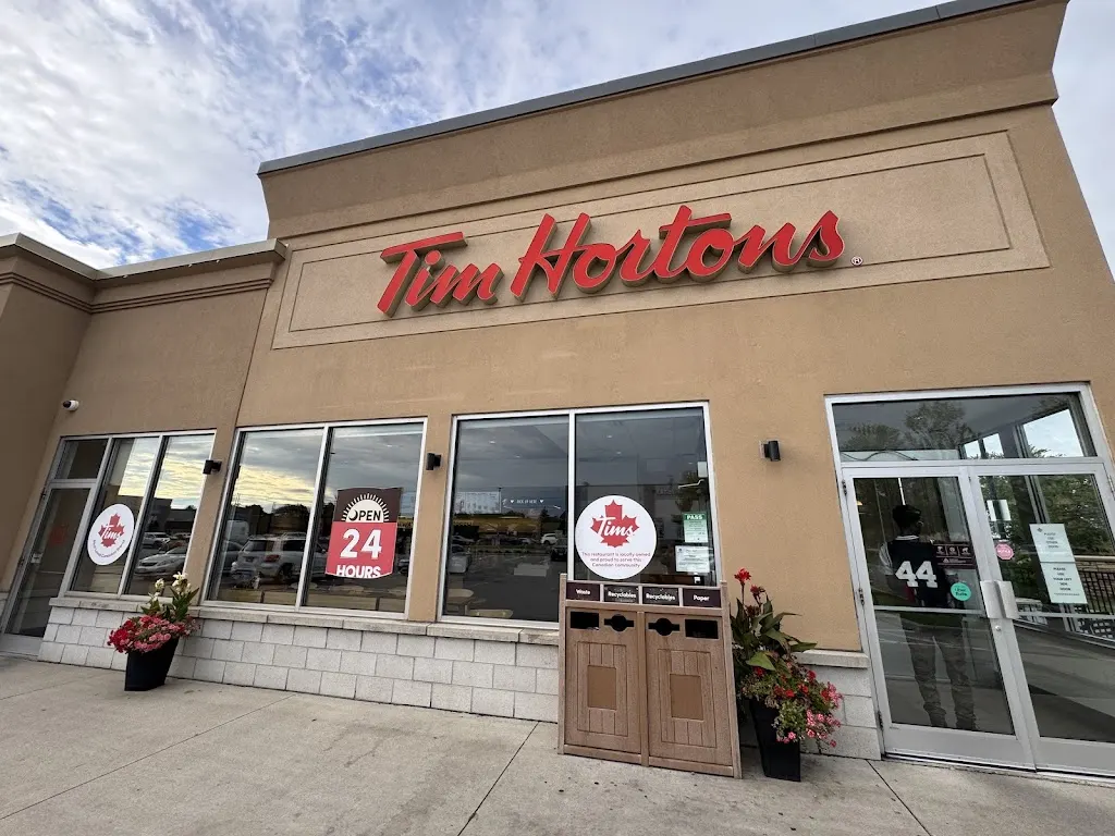 Tim Hortons storefront and interior at 327 Fruitland Rd, Stoney Creek, ON