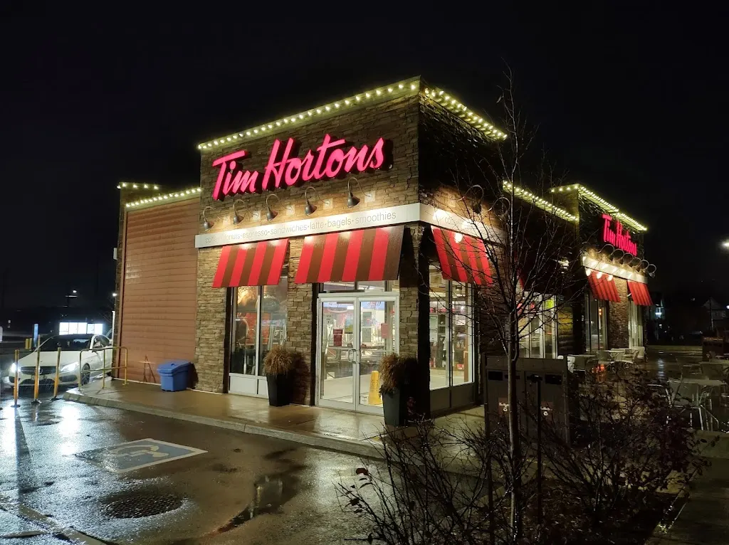 Tim Hortons storefront and interior at 529 Hwy #8, Stoney Creek, ON