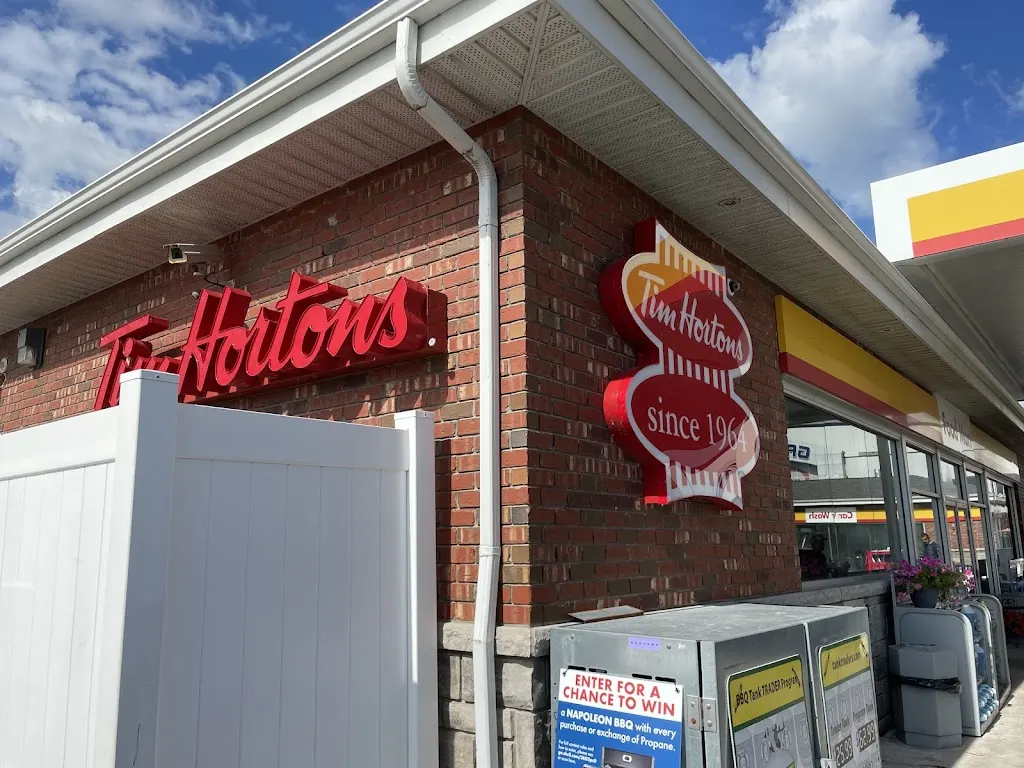 Tim Hortons storefront and interior at 620 South Service Road, Stoney Creek, ON
