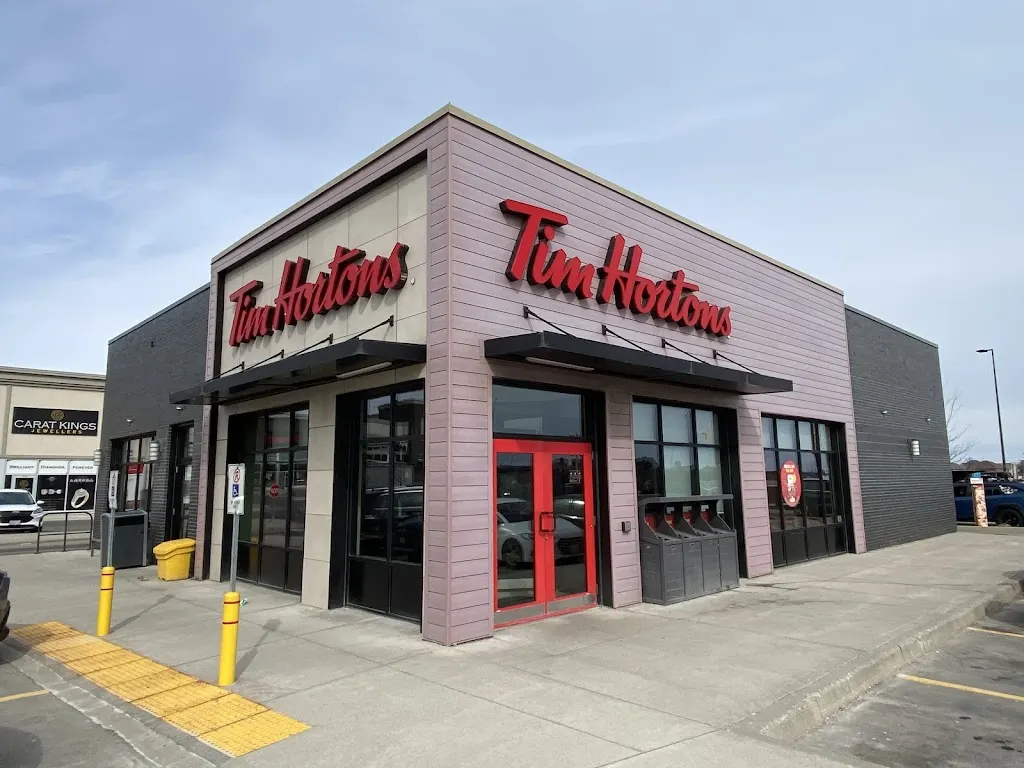 Tim Hortons storefront and interior at 1354 South Service Road, Stoney Creek, ON