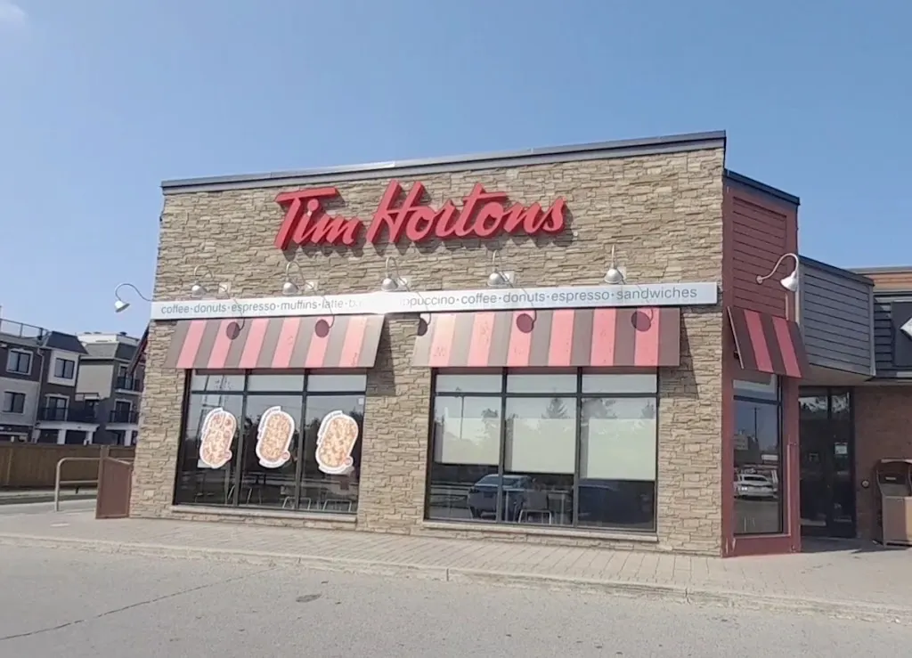 Tim Hortons storefront and interior at 5534 Main St West, Stouffville, ON