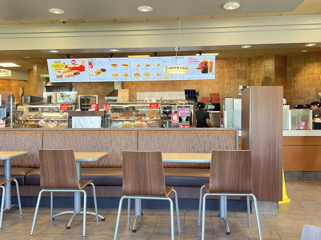 Tim Hortons storefront and interior at 693 Erie St, Stratford, ON