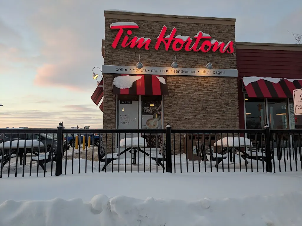 Tim Hortons storefront and interior at 1067 Ontario St, Stratford, ON