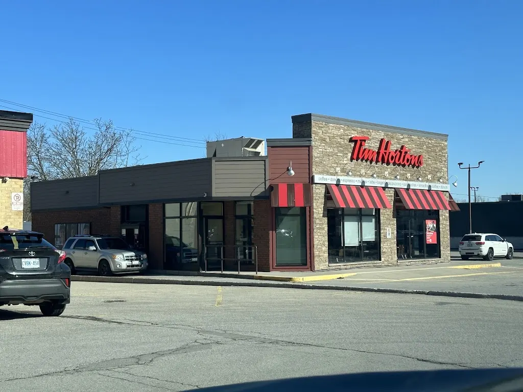 Tim Hortons storefront and interior at 19 Front St East, Strathroy, ON